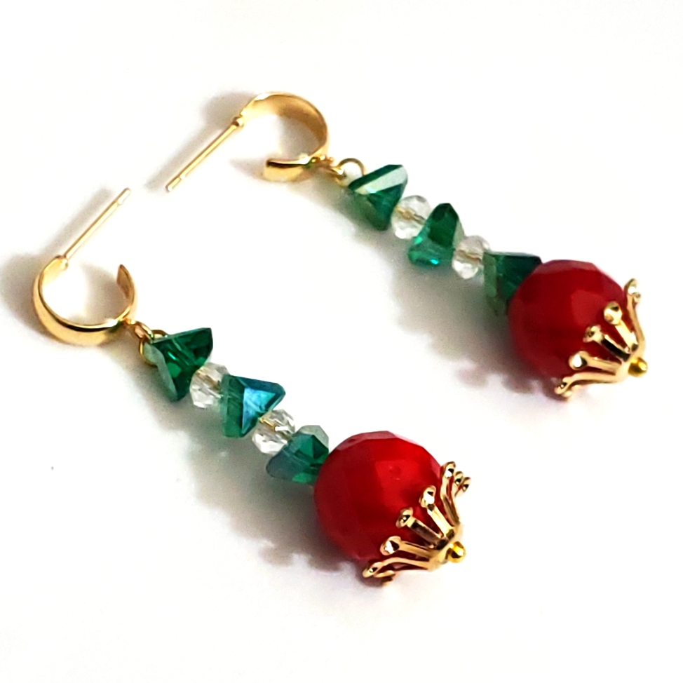 Christmas Earrings Miriam Haskell Red Vintage Beads Swarovski Crystals Gold Hoop